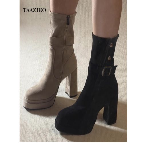 TAAZIEO小众复古风粗跟显瘦短靴女夏季百搭增高小个子高跟中筒靴主图