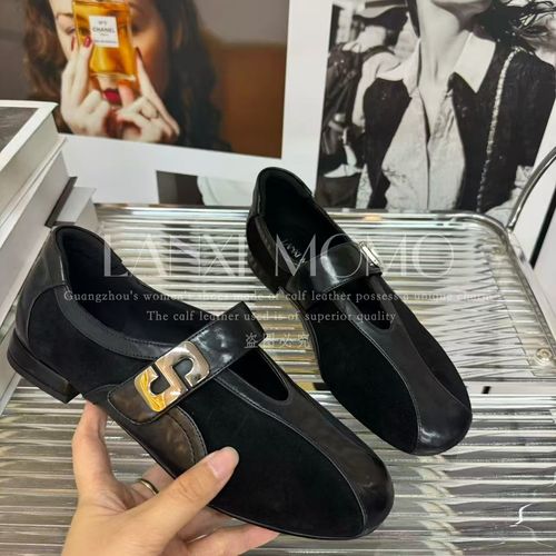 【COCO  LANXI】时尚百搭女士黑色真皮软底圆头低跟小单鞋25DX561LX主图
