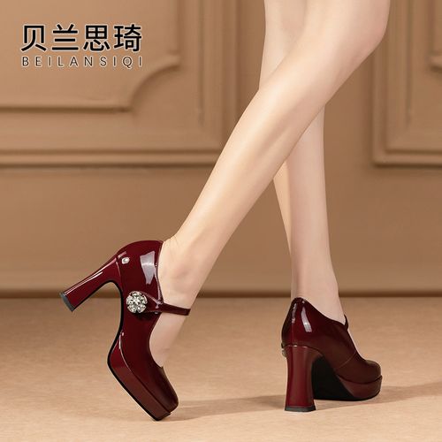 真皮一字带厚底粗跟单鞋女2025春秋季水钻走秀防水台高跟鞋5824主图