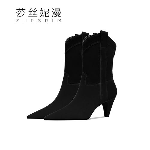 262-秋冬新款上新短靴绒面真皮绒里低跟西部牛仔风女靴尖头细跟靴主图