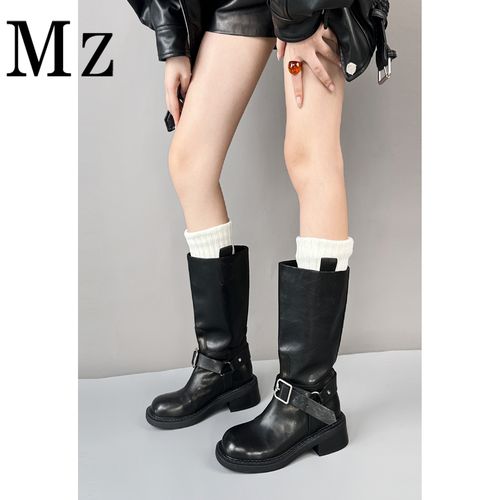 Mr.Zheng/4.5cm/黑色圆头百搭牛仔靴秋冬新款皮带扣中筒靴女靴主图