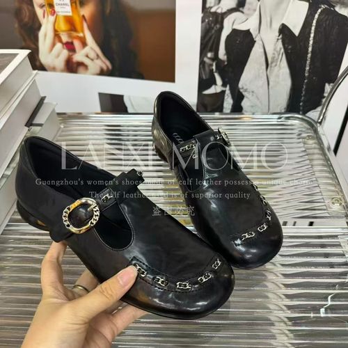 【COCO  LANXI】时尚百搭女士黑色真皮平底英伦风小单鞋25DX563LX主图