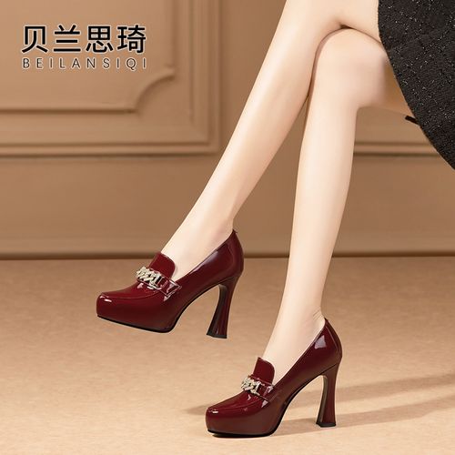 真皮水钻圆头厚底粗跟单鞋女2025春秋季新款中口防水台高跟鞋5825主图