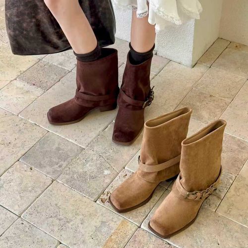 方头粗跟短靴女2025秋冬新款美拉德复古马丁靴网红爆款西部牛仔靴主图
