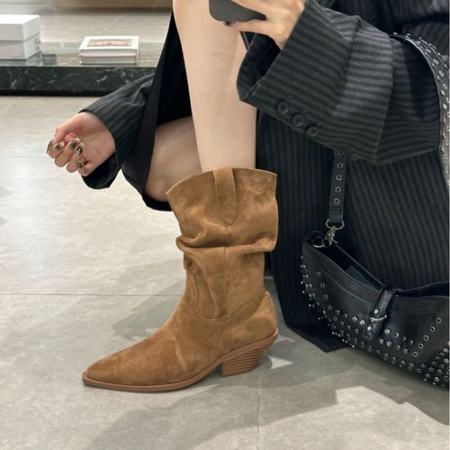 尖头粗跟西部牛仔靴女2025秋季新款复古真皮套筒堆堆靴中筒马丁靴主图