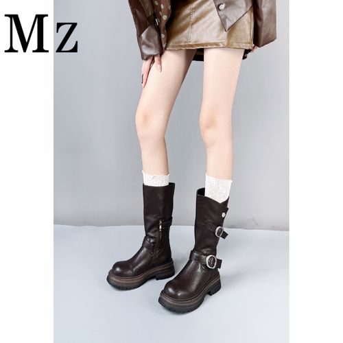 Mr.Zheng/5cm/复古圆头皮带扣厚底英伦风中筒靴秋冬新款骑士靴主图