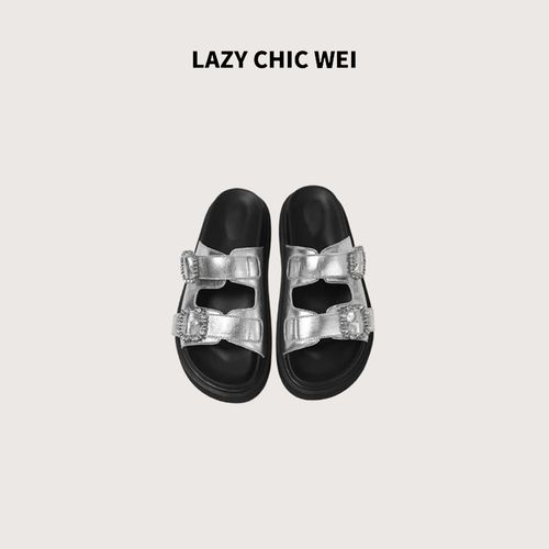 LAZY CHIC WEI 头层牛皮银色钉钻可调节5.5厘米厚底凉鞋 25SH321主图
