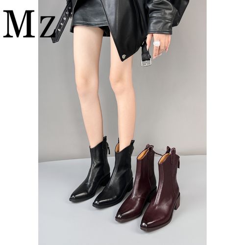 Mr.Zheng/4.5cm/粗跟小方头V口后拉链西部靴秋冬新款英伦风女短靴主图