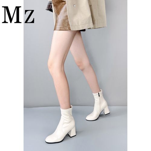 Mr.Zheng/7cm/粗跟圆头侧拉链弹力瘦瘦靴简约气质秋冬百搭女短靴主图