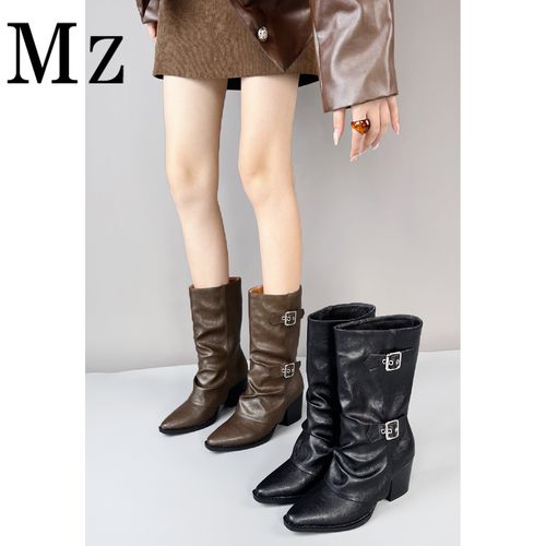 Mr.Zheng/6.5cm/裤管靴尖头粗跟高跟尖头中筒靴皮带扣堆堆靴女主图