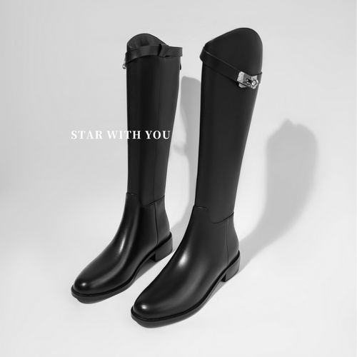 【STAR】秋冬长筒头层牛皮经典凯莉扣百搭款显瘦骑士靴/跟高3.5cm主图