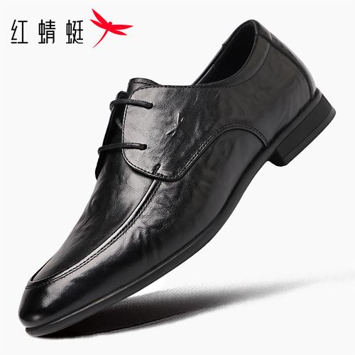红蜻蜓商务德比鞋尖头休闲皮鞋真皮手抓纹头层牛皮系带软底防滑主图