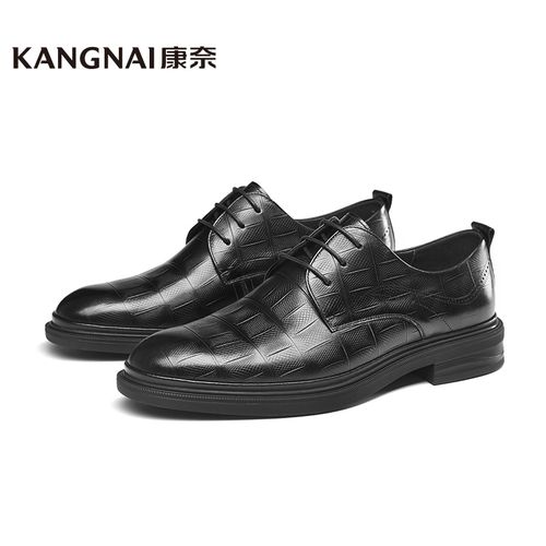 康奈秋季格子压花圆头透气英伦休闲商务男士皮鞋真皮牛皮11235158主图