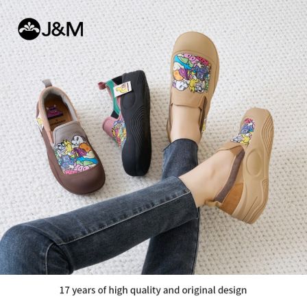 J&M/快乐玛丽原创涂鸦圆头乐福鞋女2025新款一脚蹬软底撞色65899W