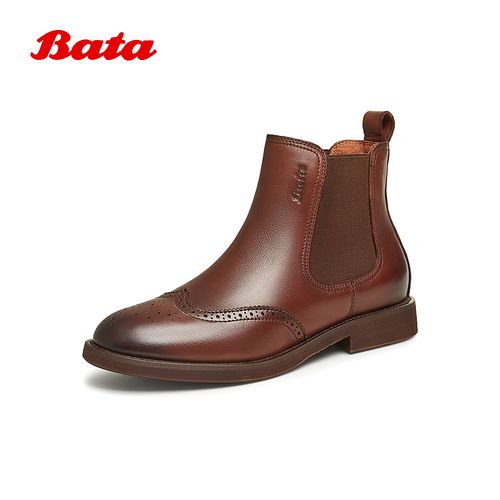 Bata切尔西靴女2025冬商场新款英伦风牛皮粗跟通勤短筒靴ATA44DD5主图