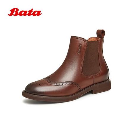 Bata切尔西靴女2025冬商场新款英伦风牛皮粗跟通勤短筒靴ATA44DD5