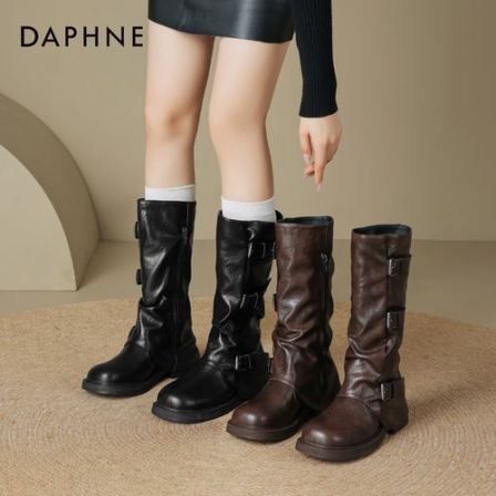 达芙妮皮带扣裤管靴女2025冬季新款堆堆靴长筒靴骑士靴西部牛仔靴