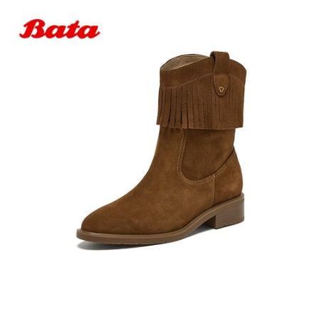 Bata西部靴女2025冬季商场新款牛剖皮流苏复古中筒时装靴AXG42DZ5
