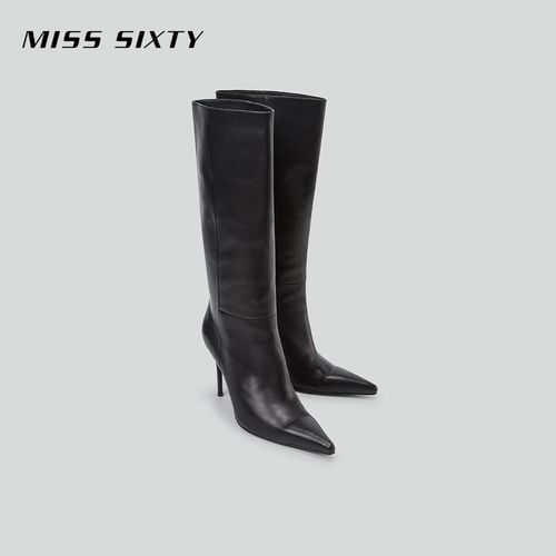 Miss Sixty2024冬季新款高帮靴女复古黑色尖头细跟高跟靴牛皮真皮主图