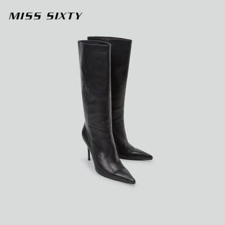Miss Sixty2024冬季新款高帮靴女复古黑色尖头细跟高跟靴牛皮真皮