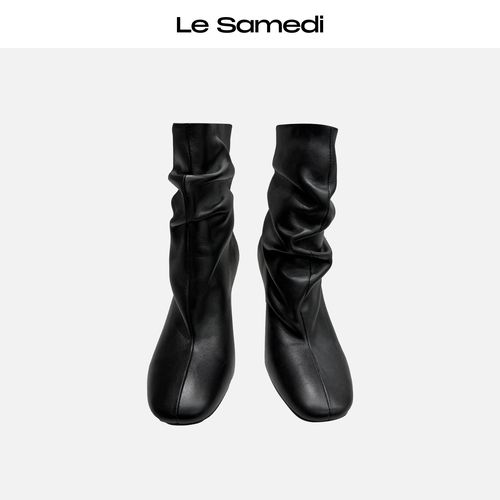Le Samedi【墨褶战靴】柔韧羊皮 手工褶皱时髦高跟堆堆短靴主图