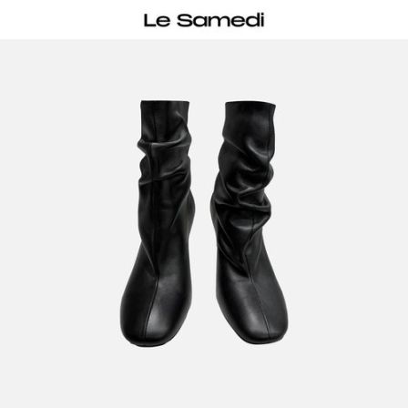 Le Samedi【墨褶战靴】柔韧羊皮 手工褶皱时髦高跟堆堆短靴