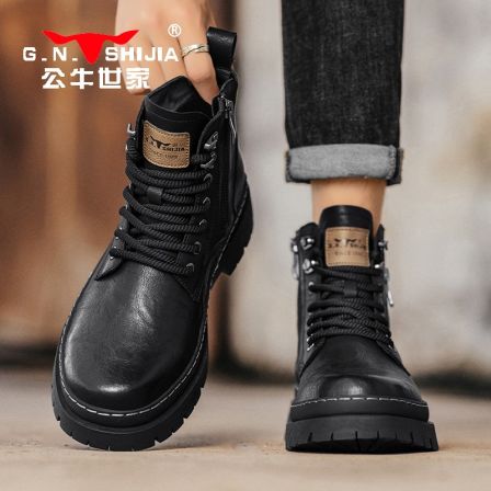 公牛世家马丁靴男款秋冬英伦风黑色侧拉链皮鞋高帮厚底增高工装靴