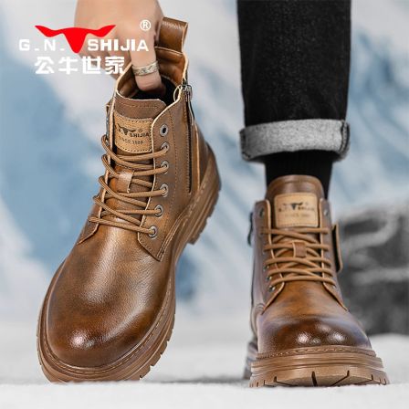 公牛世家保暖雪地靴男冬季加绒加厚中帮休闲皮鞋男复古英伦马丁靴