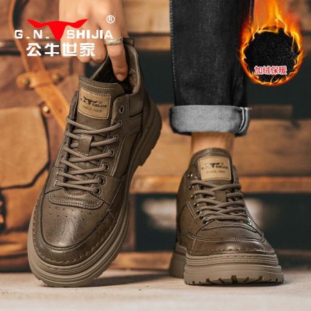 公牛世家男鞋秋季时尚百搭厚底休闲高帮板鞋英伦复古加绒棉皮鞋