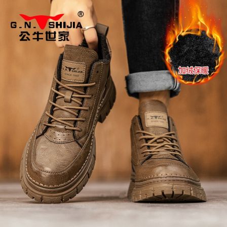公牛世家中帮鞋男冬季加绒加厚保暖棉皮靴户外厚底防滑耐磨工装鞋