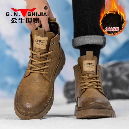 公牛世家男鞋冬季皮毛一体厚底雪地棉鞋男加绒时尚百搭高帮马丁靴