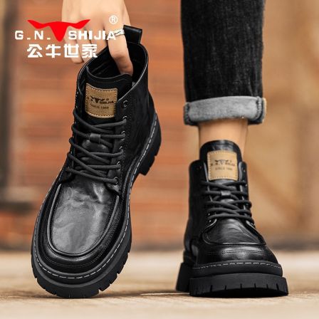 公牛世家男鞋冬季时尚商务休闲高帮皮鞋男宽脚舒适软皮黑色马丁靴