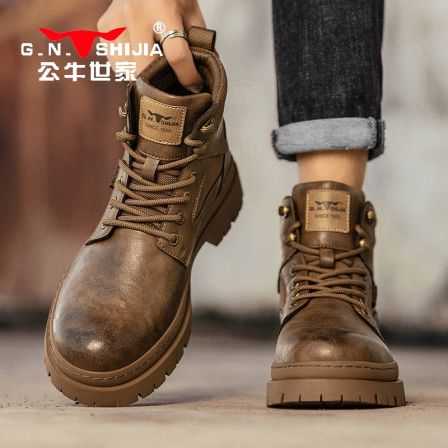公牛世家马丁靴男款冬季英伦风厚底耐磨工装靴男黑色高帮机车皮靴