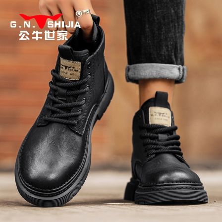 公牛世家靴子男款马丁靴秋冬款防水防滑工装靴户外高帮机车骑行靴