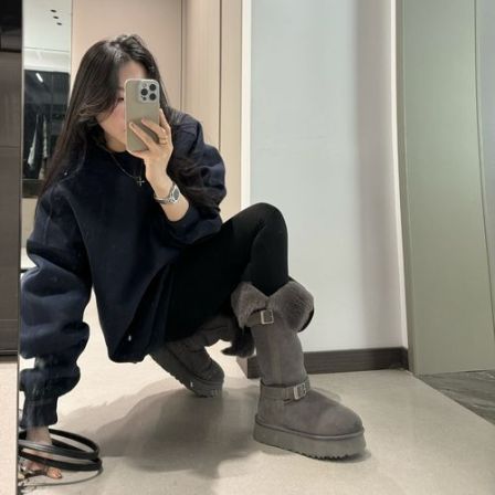 新版！牛皮雪地靴长筒靴女中古靴2025新款不过膝长靴骑士靴