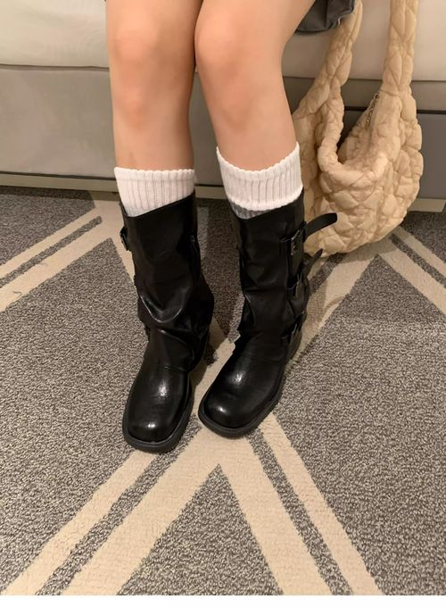 ONEXH·2025秋季新款小众复古皮带扣中高筒靴女时髦褶皱粗跟骑士靴主图