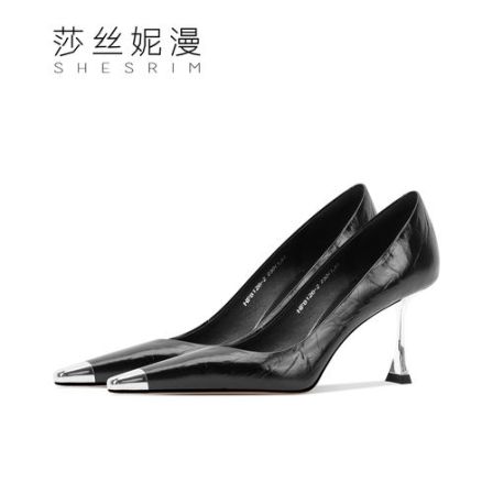 2025年秋季新款性感黑色手抓真皮高跟鞋百搭职业通勤小众浅口单鞋