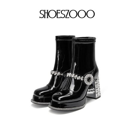 SHOESZOOO2025春夏季新款瘦瘦靴黑色高跟短靴女厚底软皮时装靴子