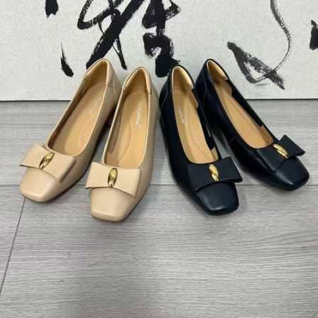 【橙庐】2209-1牛皮蝴蝶结方头浅口粗跟单鞋 猪皮里羊皮垫舒适时尚