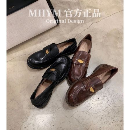 全牛皮MH官方英伦风真皮马皮复古单鞋擦色小金币乐福鞋女小皮鞋女