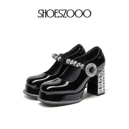 SHOESZOOO法式玛丽珍鞋女2025秋季新款粗跟防水台高跟一字带单鞋