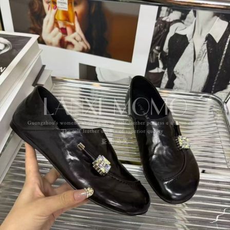 【LANXI  MOMO】时尚百搭女士黑色真皮低跟气质小单鞋25DX564LX