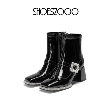 SHOESZOOO2025新款秋冬季粗跟短靴女时装皮靴百搭瘦瘦高跟靴子女