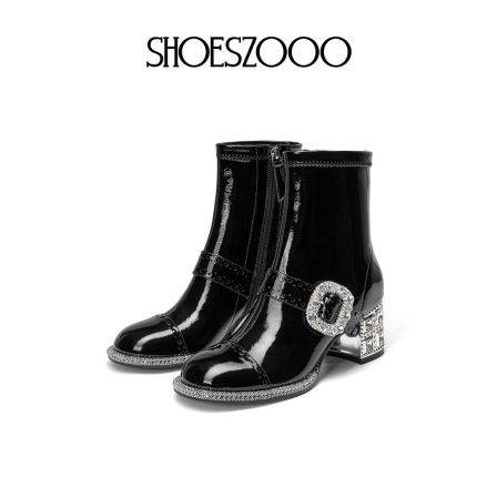 SHOESZOOO2025新款秋冬季女靴子粗跟短靴女时装黑色瘦瘦高跟皮靴