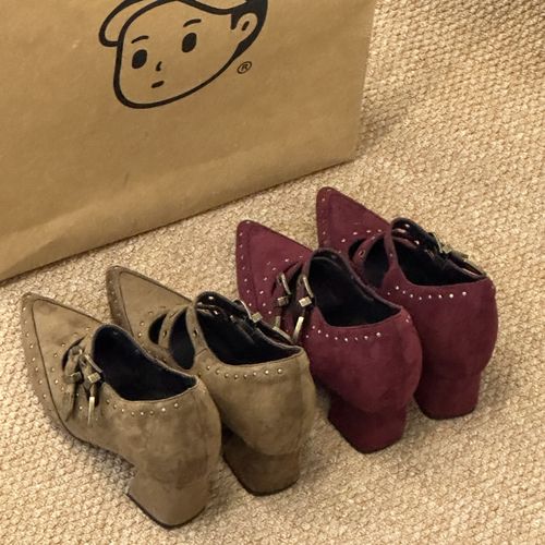 晚睡兰·内增高10cm复古皮带扣秋冬法式玛丽珍鞋绒面尖头铆钉单鞋主图
