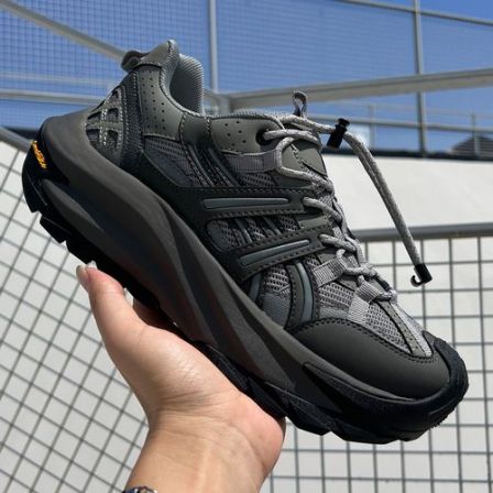 秋季新款增高透气运动风厚底时尚户外休闲鞋深色低帮潮流徒步男鞋