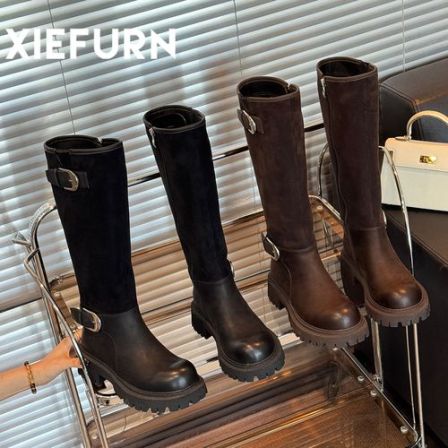 XIEFURN/鞋夫人复古休闲皮带扣长筒靴2025秋冬新款厚底百搭骑士靴