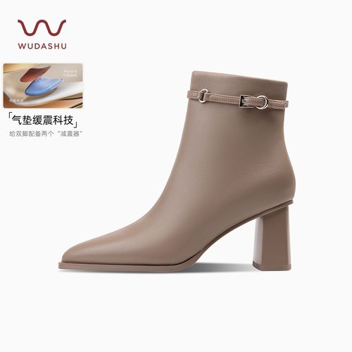 吴大叔【红云鞋】商场同款秋冬短靴时尚真皮尖头粗跟缓震高跟时装靴主图
