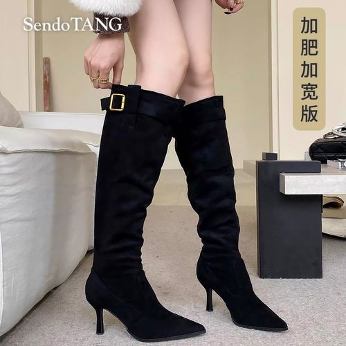 【女神靴】胖多女装显瘦堆堆靴长筒靴尖头细跟皮带扣褶皱长靴主图