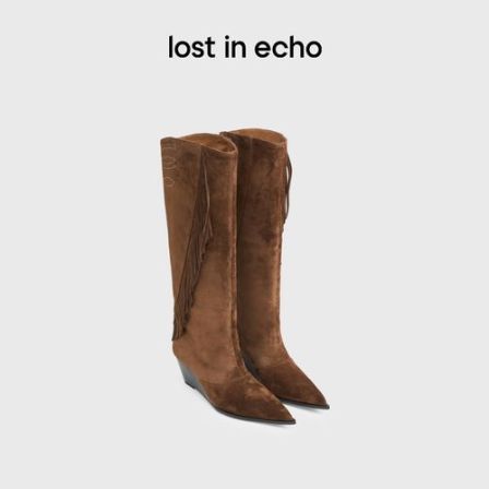 【达人专属】lost in echo复古波西米亚时髦尖头流苏坡跟长筒靴女